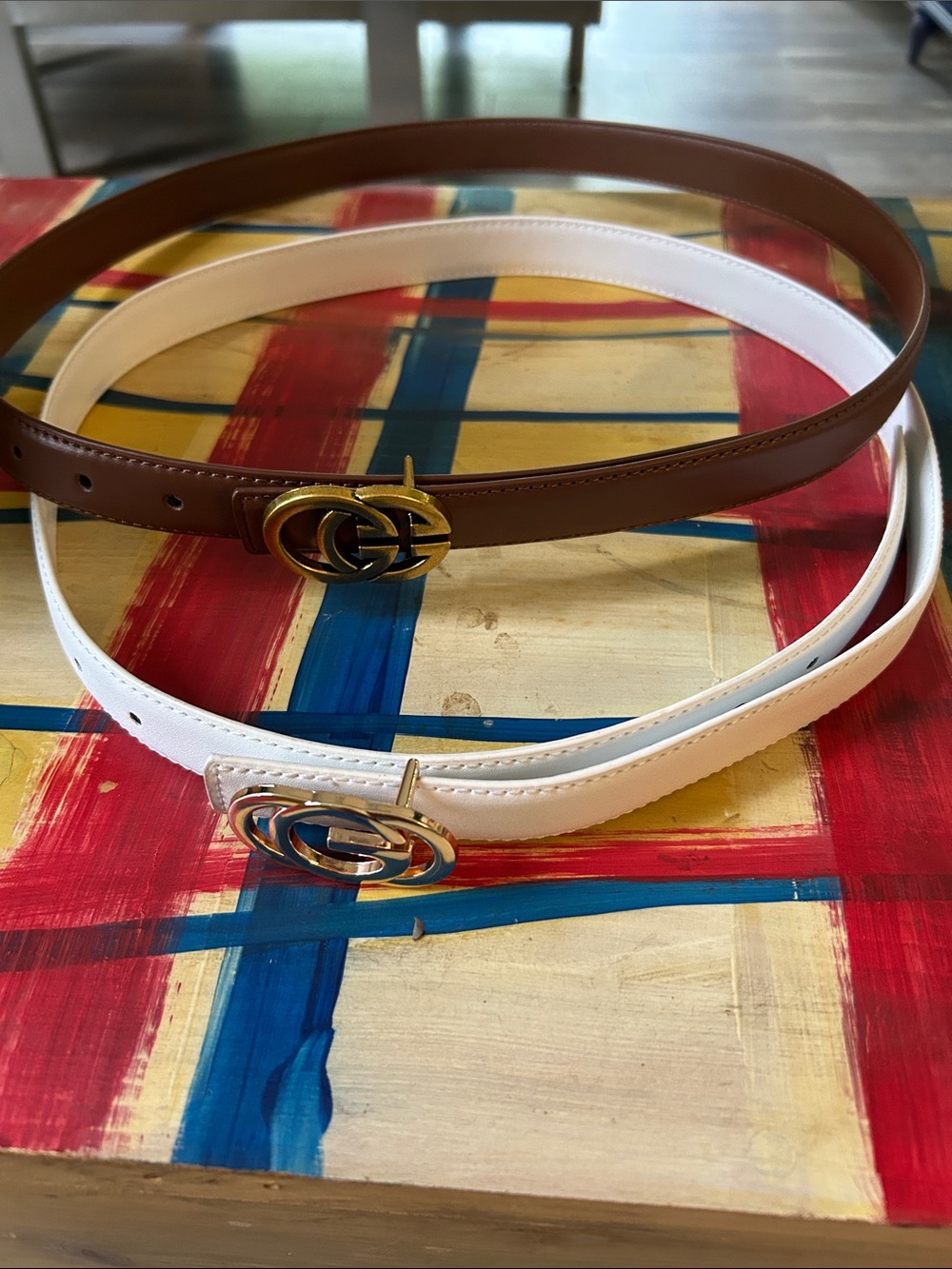Classic Interlocking Logo Belts. Bundle of White and Brown Leather